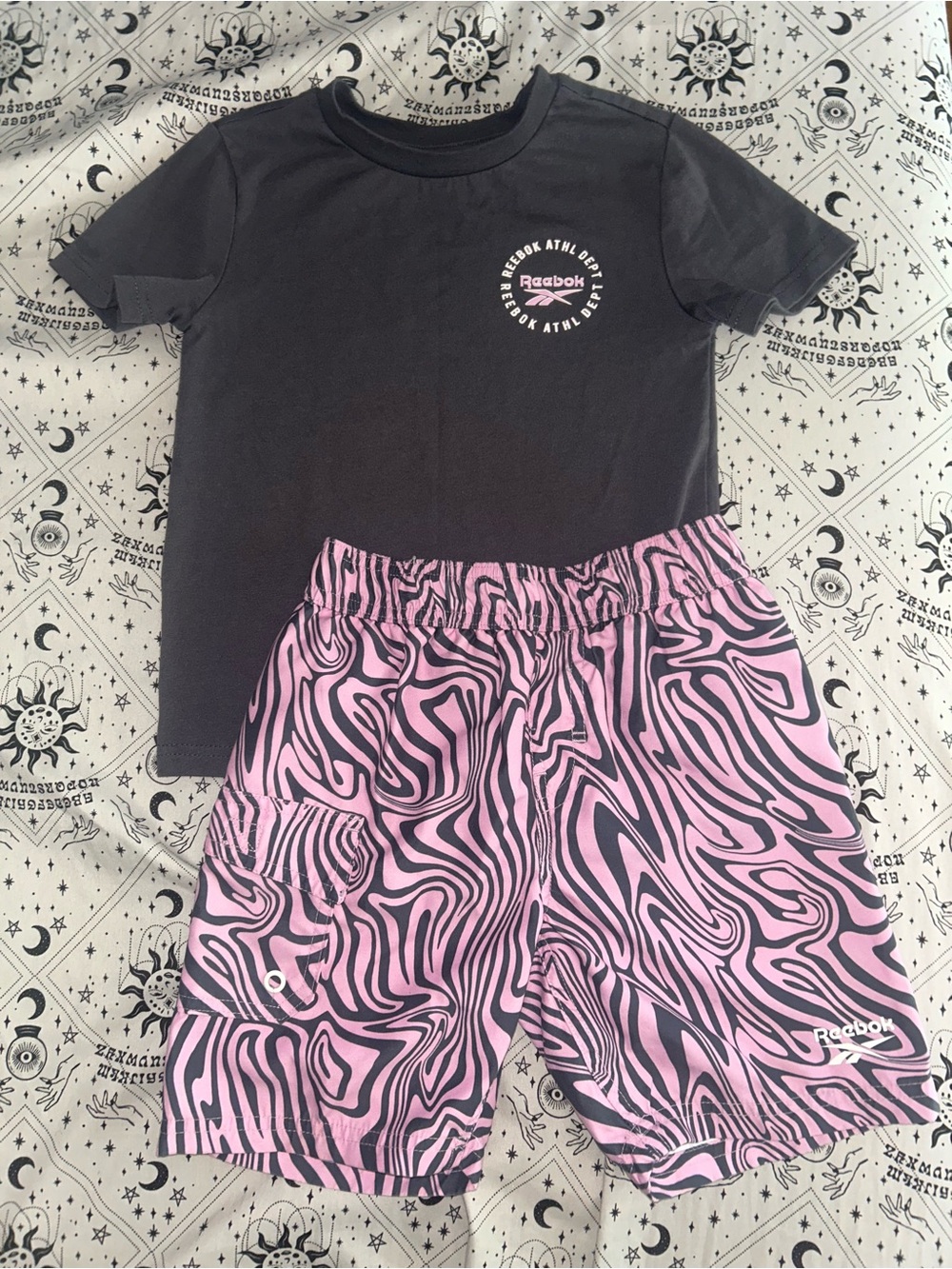 Reebok Tee with Pink Zebra-Print Swim Trunks